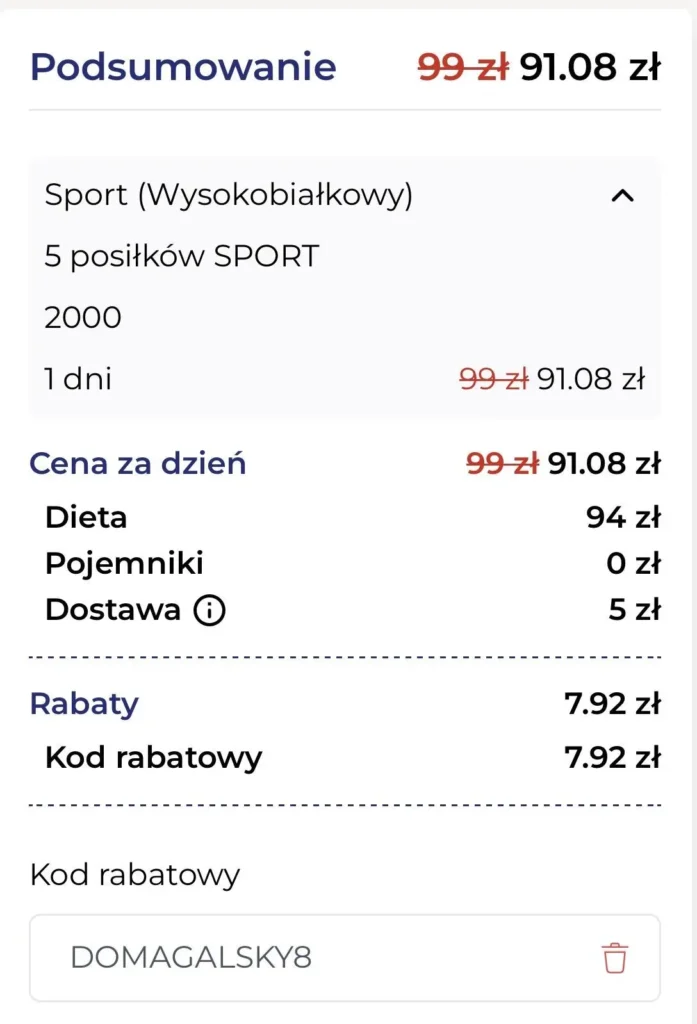 Kod DOMAGALSKY8 w koszyku MójCatering: 99 zł → 91,08 zł