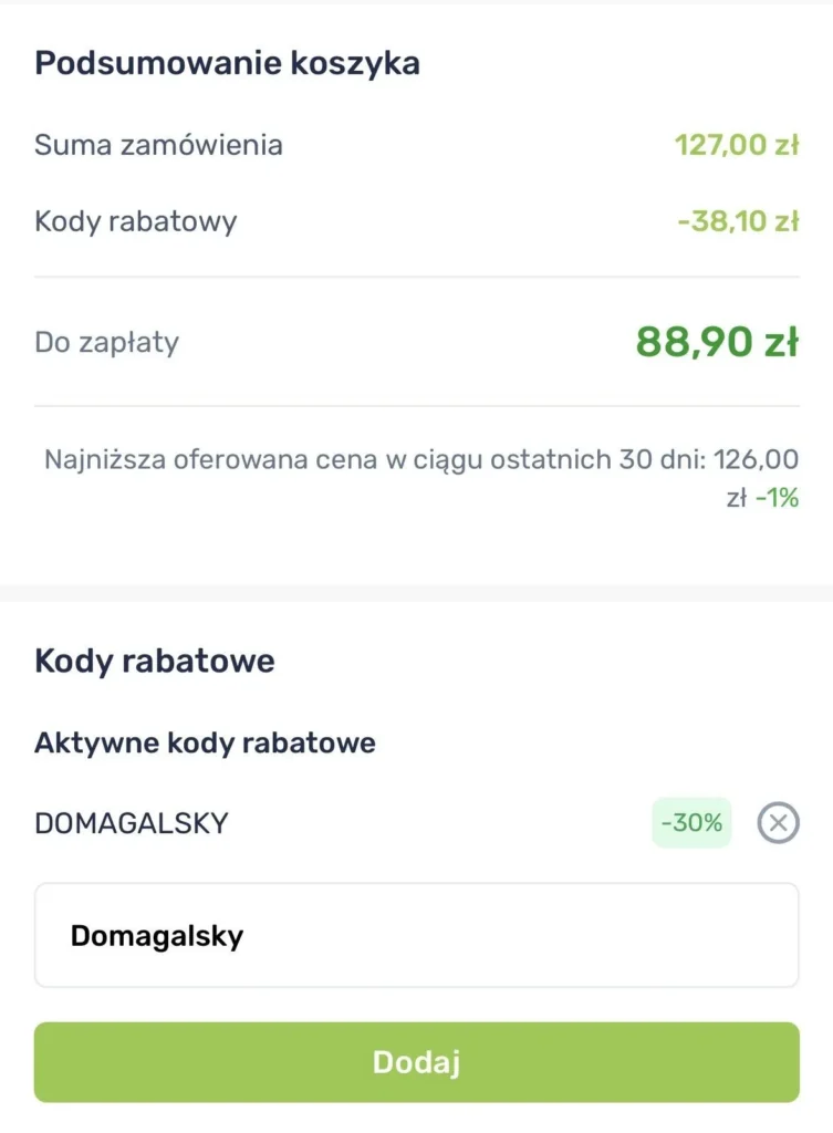 Koszyk 5PD z kodem DOMAGALSKY –30%: cena 127 zł obniżona do 88,90 zł