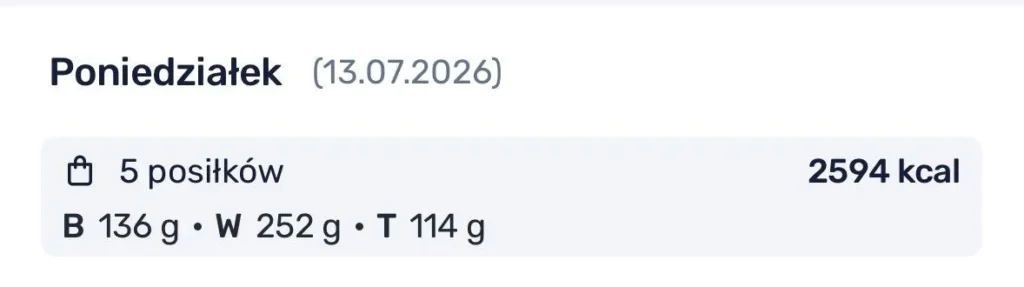 Podsumowanie dnia testu cateringu 5PD w aplikacji: 5 posiłków, 2594 kcal, białko 136 g