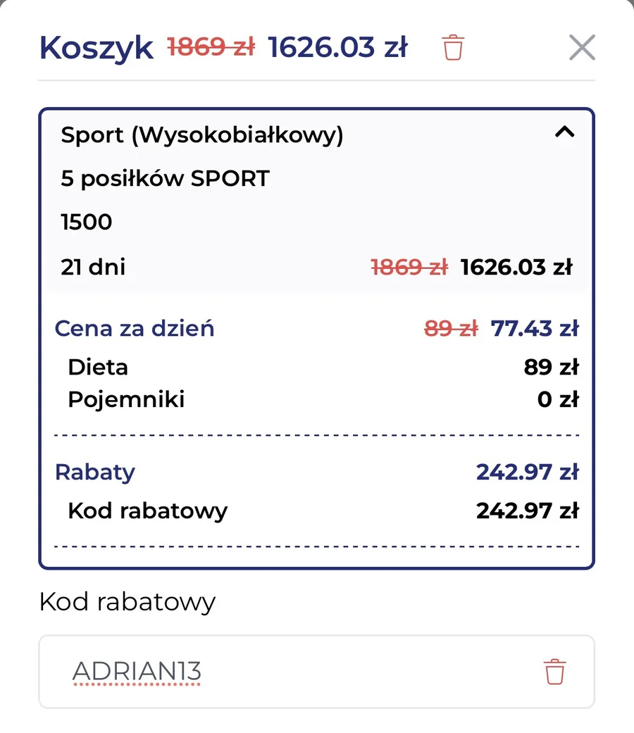 Koszyk MójCatering z kodem ADRIAN13: dieta Sport 1500 kcal na 21 dni, 1869 zł obniżone do 1626,03 zł