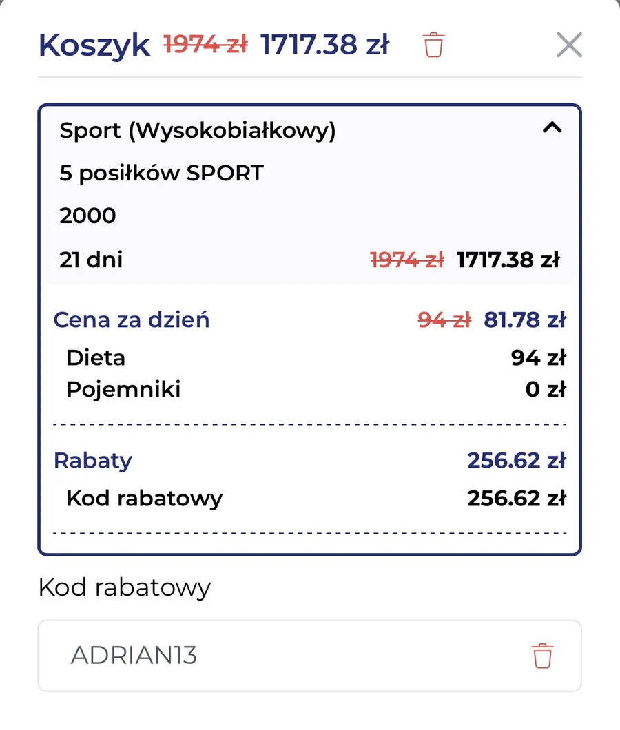 Koszyk MójCatering z kodem ADRIAN13: dieta Sport 2000 kcal na 21 dni, 1974 zł obniżone do 1717,38 zł