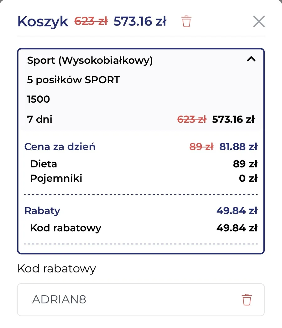 Koszyk MójCatering z kodem ADRIAN8: dieta Sport 1500 kcal na 7 dni, 623 zł obniżone do 573,16 zł