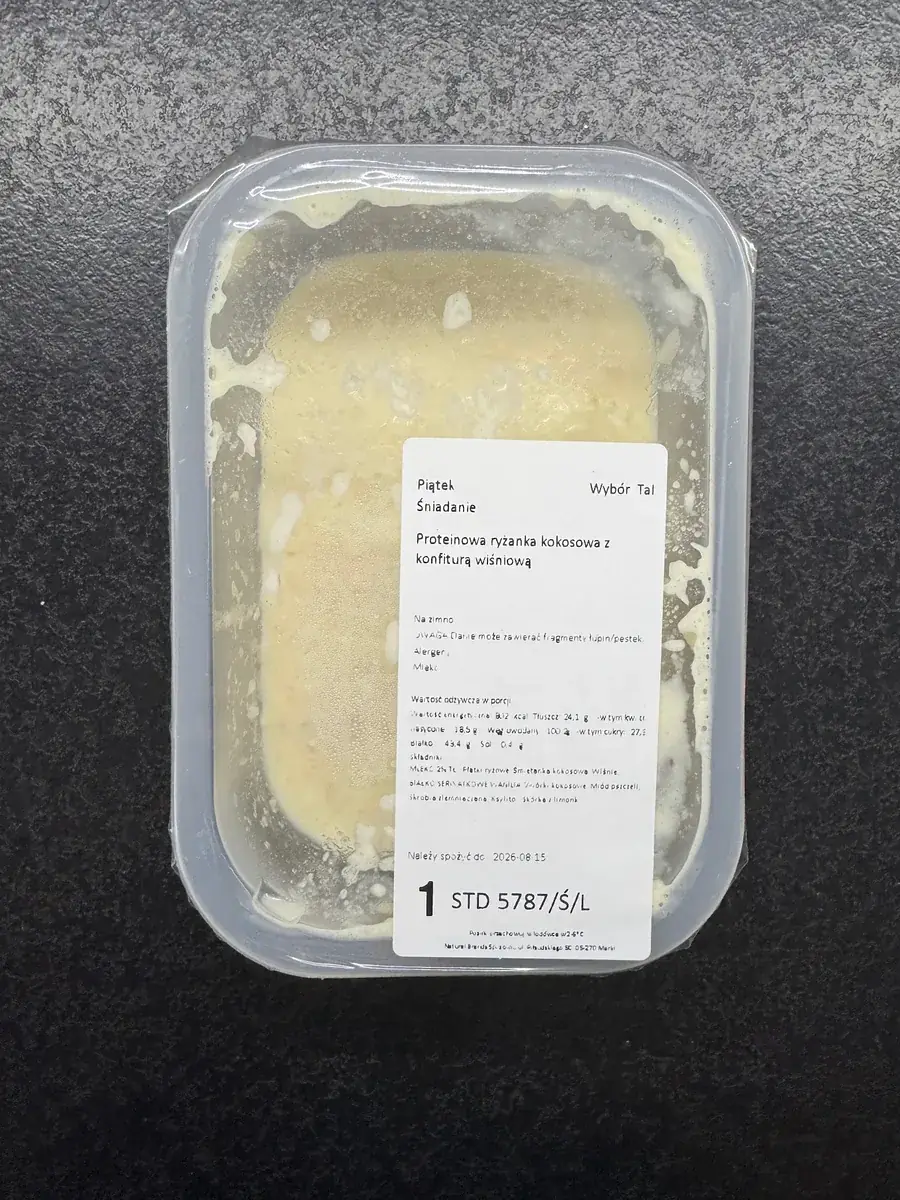 Etykieta posiłku MójCatering z oznaczeniem Wybór i pełnymi wartościami odżywczymi