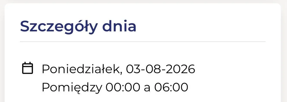 Ekran aplikacji MójCatering z deklarowanym oknem dostawy między 00:00 a 06:00