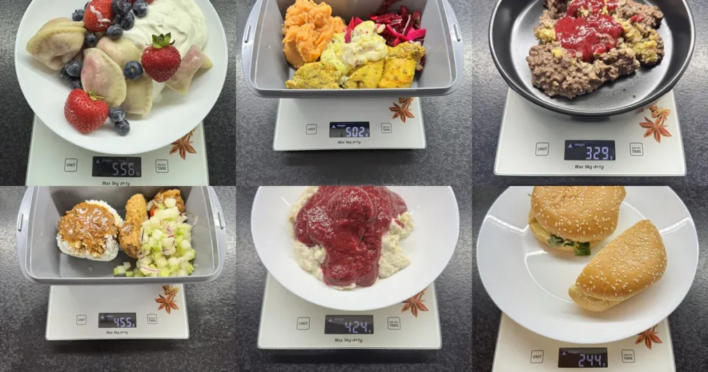 Kolaż sześciu posiłków 5PD na wadze kuchennej: pierogi z truskawkami, udko z kurczaka, owsianka dubajska, pulpety z łososia, owsianka a'la białe bueno, mini burger