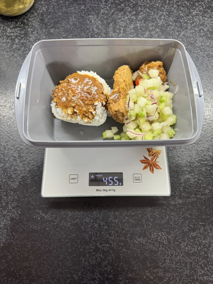 Pulpety z łososia w sosie teriyaki z ryżem jaśminowym i salsą z melona, 5PD, w pojemniku na wytarowanej wadze kuchennej (masa samego jedzenia): 455 g