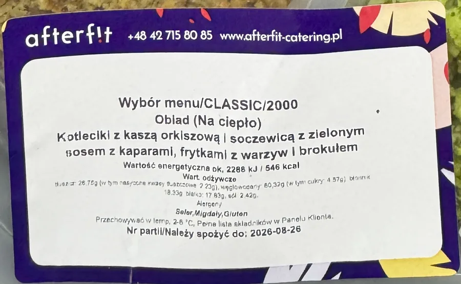 Etykieta AfterFit, Wybór menu CLASSIC 2000: kotleciki z kaszą orkiszową i soczewicą, 2288 kJ / 546 kcal, tłuszcz 26,75 g, węglowodany 60,32 g, błonnik 18,33 g, białko 17,83 g, sól 2,42 g