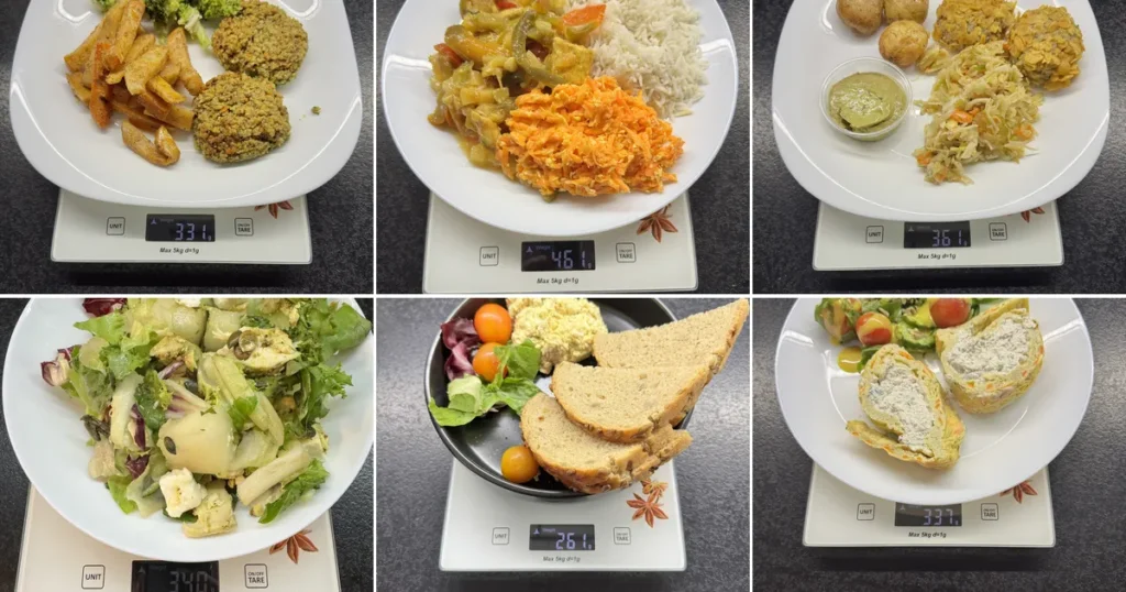 Sześć dań z cateringu AfterFit zważonych na talerzu podczas testu dietetyka: kotleciki z soczewicą, kurczak po hawajsku, burgery rybne, sałatka z melonem, pasta jajeczna z łososiem, roladka marchewkowa