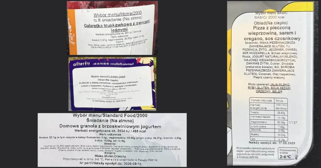 Cztery etykiety posiłków z testu cateringów: galaretka Tytki Fit, kotleciki AfterFit, granola Robin Food i pizza Kuchni Vikinga, z kalorycznością i makroskładnikami