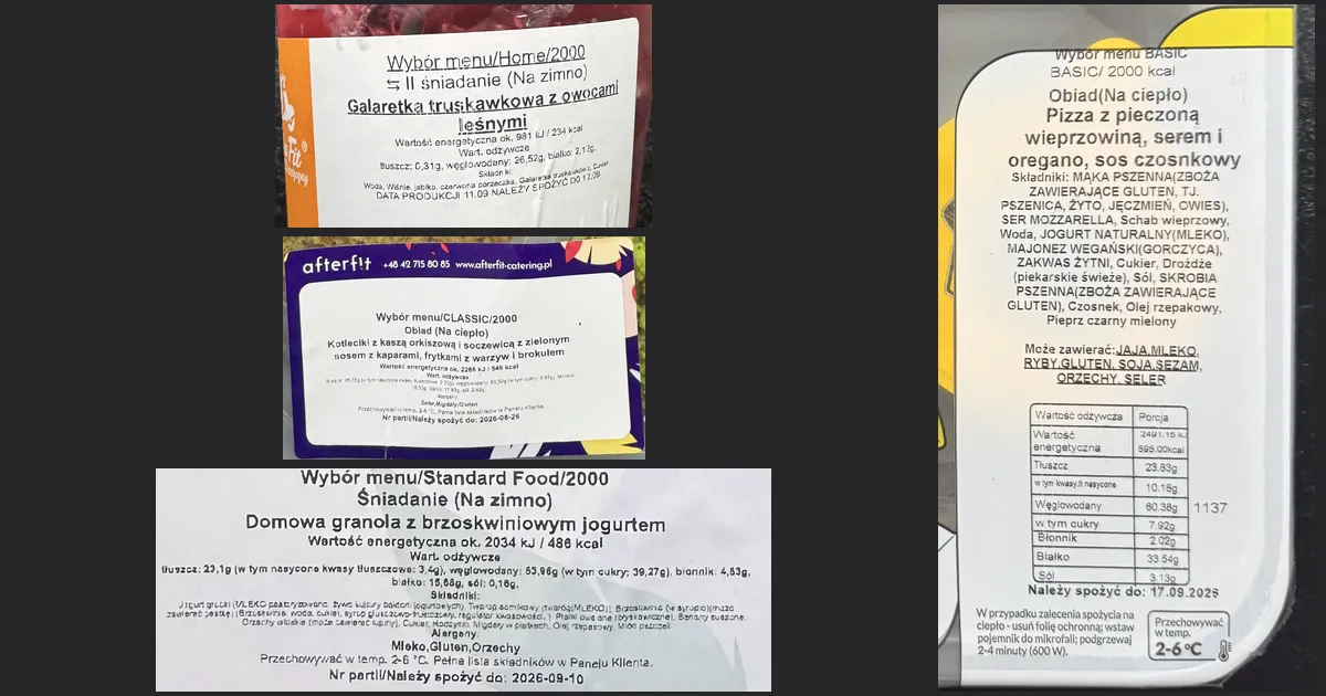 Cztery etykiety posiłków z testu cateringów: galaretka Tytki Fit, kotleciki AfterFit, granola Robin Food i pizza Kuchni Vikinga, z kalorycznością i makroskładnikami