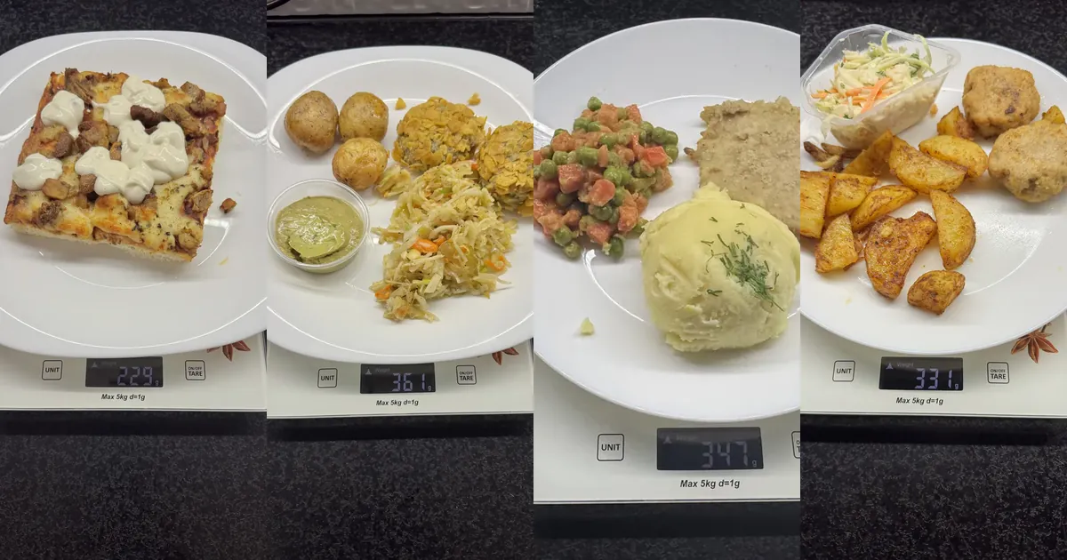 Cztery dania z cateringów zamówionych przez Dietly, zważone na wadze kuchennej: pizza z wieprzowiną Kuchni Vikinga 229 g, burgery rybne AfterFit 361 g, kotlet schabowy z puree Robin Food 347 g, kotlety pożarskie Tytki Fit 331 g
