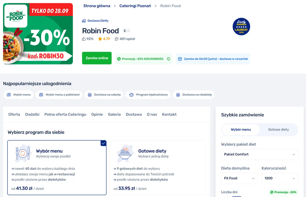 Karta cateringu Robin Food w porównywarce Dietly dla Poznania: 92% pozytywnie ocenionych posiłków, ocena 4,79, 401 opinii, program Wybór menu do 40 dań dziennie i promocja -30%
