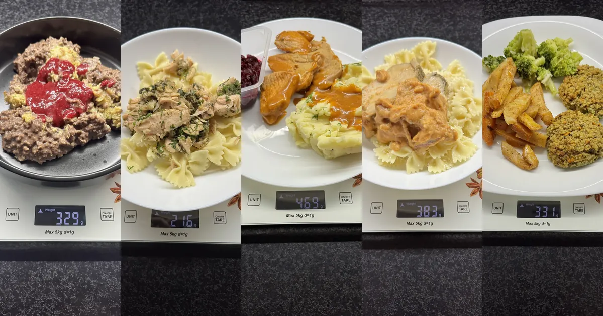 Pięć dań z testów cateringów na wadze kuchennej: owsianka 5 Posiłków Dziennie, makaron z łososiem Robin Food, bitki wieprzowe Tytka Fit, farfalle z indykiem Kuchnia Vikinga, kotleciki z soczewicą AfterFit