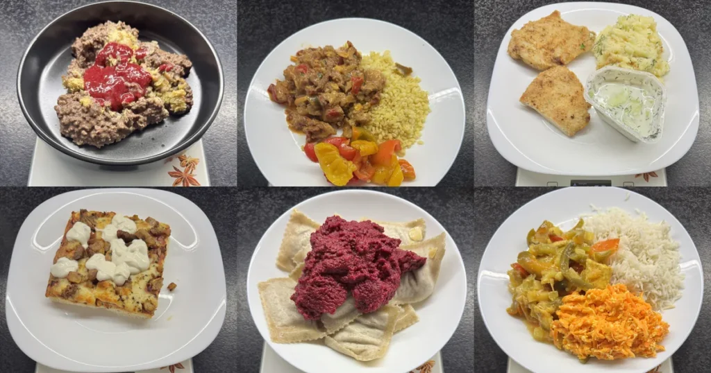 Posiłki z 6 cateringów dietetycznych zważone na talerzu na wadze kuchennej podczas testu DOMAGALSKY