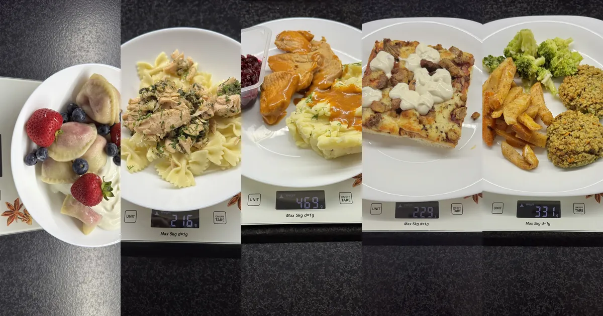 Najlepiej ocenione dania 5 cateringów z rankingu na wadze kuchennej: pierogi z truskawkami 5 Posiłków Dziennie, makaron z łososiem Robin Food, bitki wieprzowe Tytka Fit, pizza Kuchnia Vikinga, kotleciki z soczewicą AfterFit