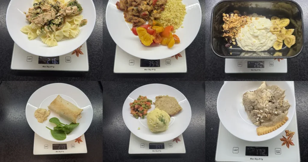Sześć dań z cateringu Robin Food zważonych podczas testu dietetyka: makaron z łososiem, kurczak w kremowym sosie, granola, burrito, kotlet schabowy, deser banoffee