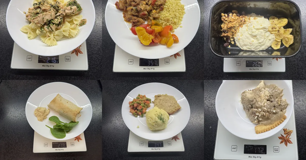 Sześć dań z cateringu Robin Food zważonych podczas testu dietetyka: makaron z łososiem, kurczak w kremowym sosie, granola, burrito, kotlet schabowy, deser banoffee
