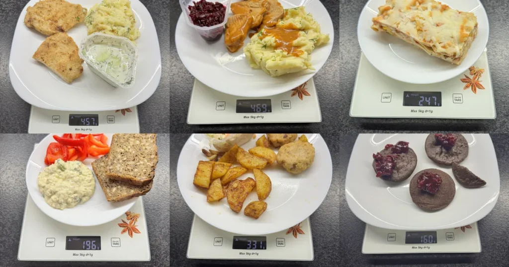 Sześć dań z cateringu Tytka Fit zważonych na talerzu podczas testu dietetyka: kotlet schabowy, bitki wieprzowe, penne zapiekane, kanapka z pastą jajeczną, kotlety pożarskie, czekoladowe pancakes