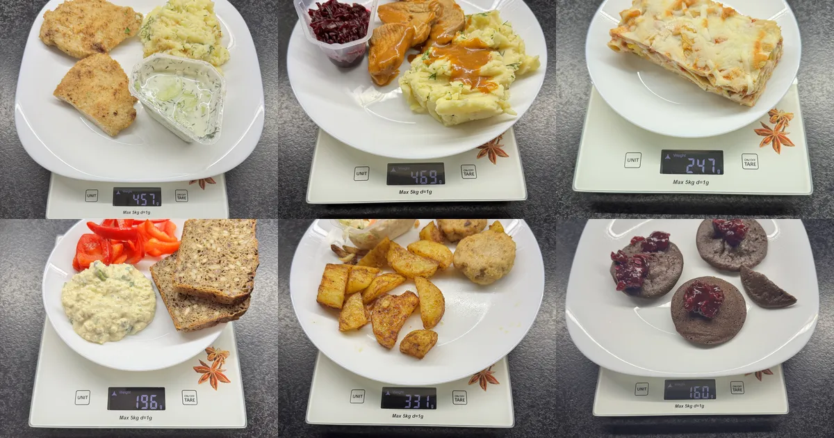 Sześć dań z cateringu Tytka Fit zważonych na talerzu podczas testu dietetyka: kotlet schabowy, bitki wieprzowe, penne zapiekane, kanapka z pastą jajeczną, kotlety pożarskie, czekoladowe pancakes